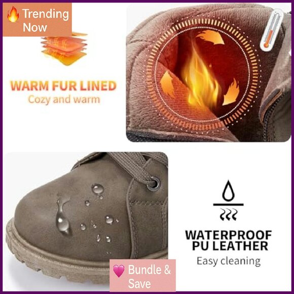 Waterproof Ankle Boots with Fur Lining, Non-Slip Combat Boots, Zipper & Lace-Up - Picture 5 of 8